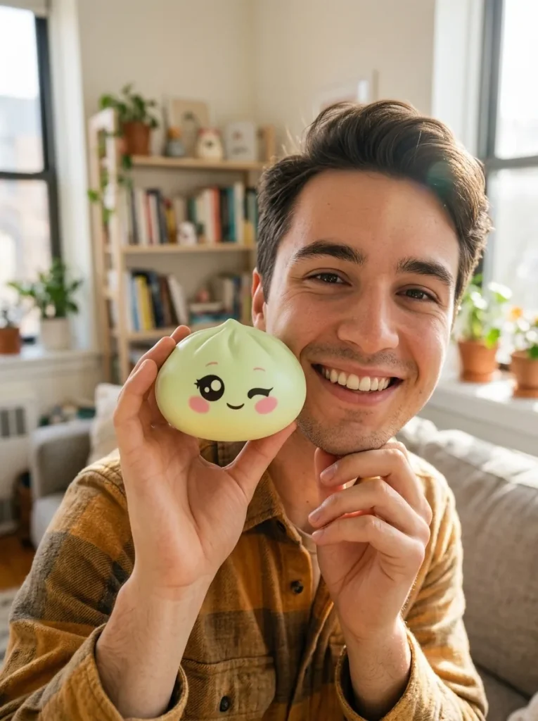 Pistachio Green Wink Dumpling Squishy in everyday life