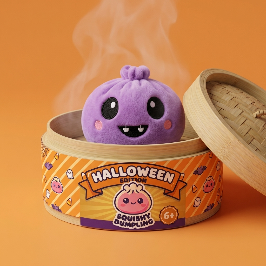 Spooky Halloween Dumpling Squishy Set of 5 in its bamboo steamer box