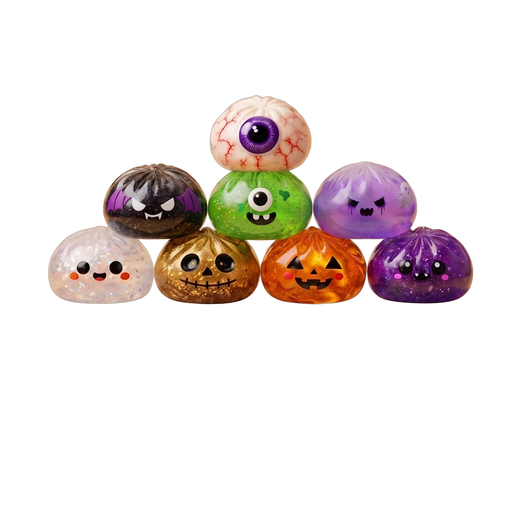 Halloween Dumpling Squishy XXL – Pack of 8 being squeezed, soft slow-rise foam