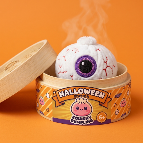 Halloween Eyeball Dumpling Squishy in its bamboo steamer box