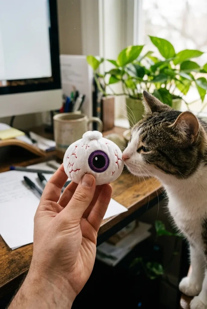 Halloween Eyeball Dumpling Squishy with a plush friend