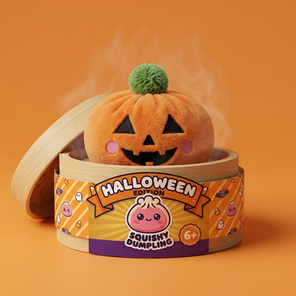 Pumpkin Halloween Dumpling Squishy in its bamboo steamer box