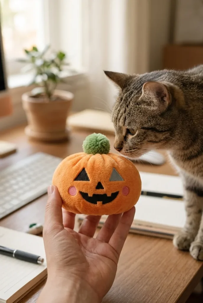 Pumpkin Halloween Dumpling Squishy with a plush friend