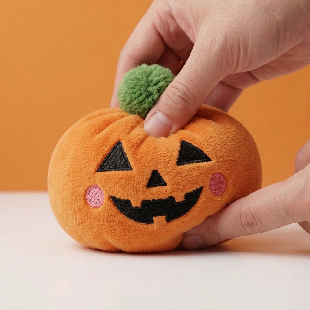 Pumpkin Halloween Dumpling Squishy being squeezed, soft slow-rise foam