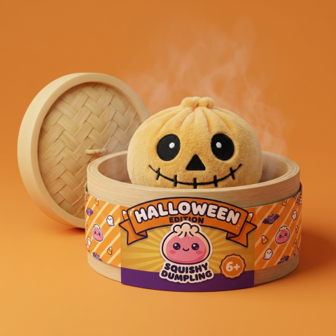 Halloween Skeleton Dumpling Squishy in its bamboo steamer box