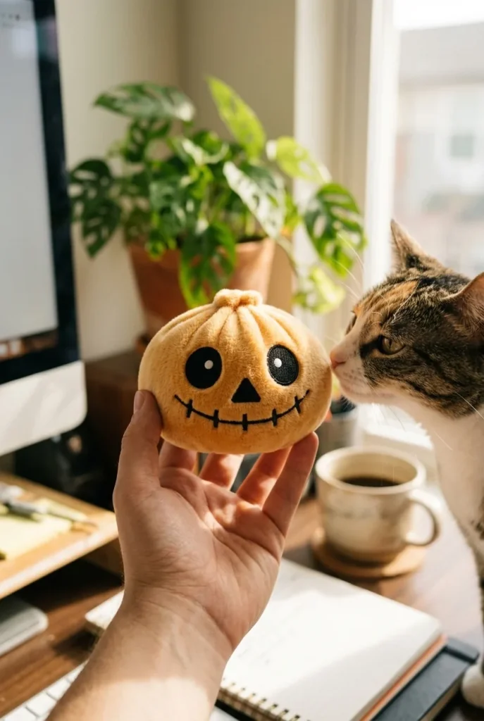 Halloween Skeleton Dumpling Squishy with a plush friend