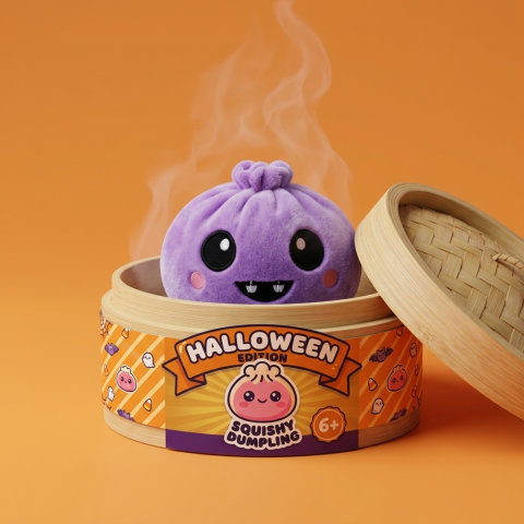 Velvet Vampire Dumpling Squishy Halloween in its bamboo steamer box