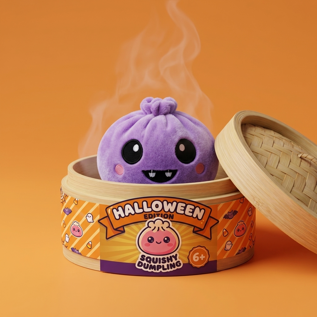 Velvet Vampire Dumpling Squishy Halloween in its bamboo steamer box