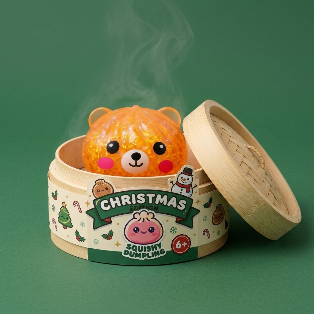Mystery Bear Glitter Dumpling Squishy in its bamboo steamer box
