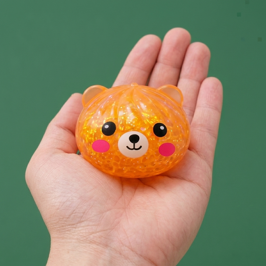 Mystery Bear Glitter Dumpling Squishy held in hand, actual size
