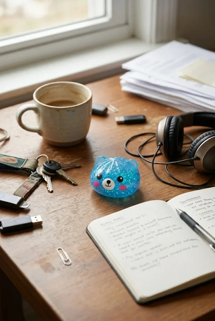 Mystery Bear Glitter Dumpling Squishy on the desk