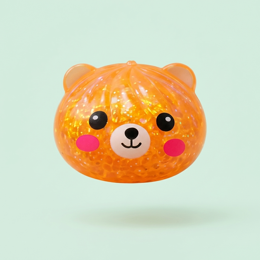 Mystery Bear Glitter Dumpling Squishy being squeezed, soft slow-rise foam