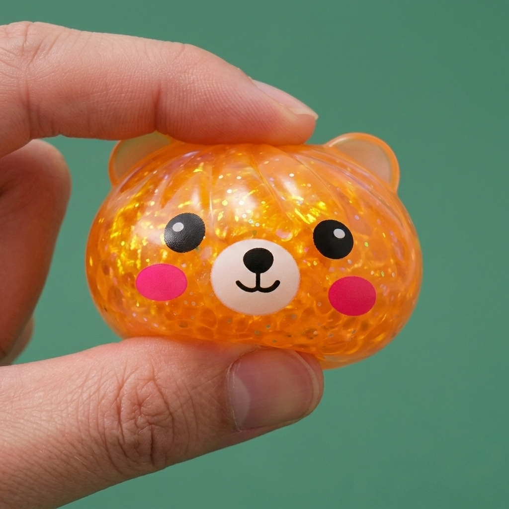 Mystery Bear Glitter Dumpling Squishy being squeezed, soft slow-rise foam