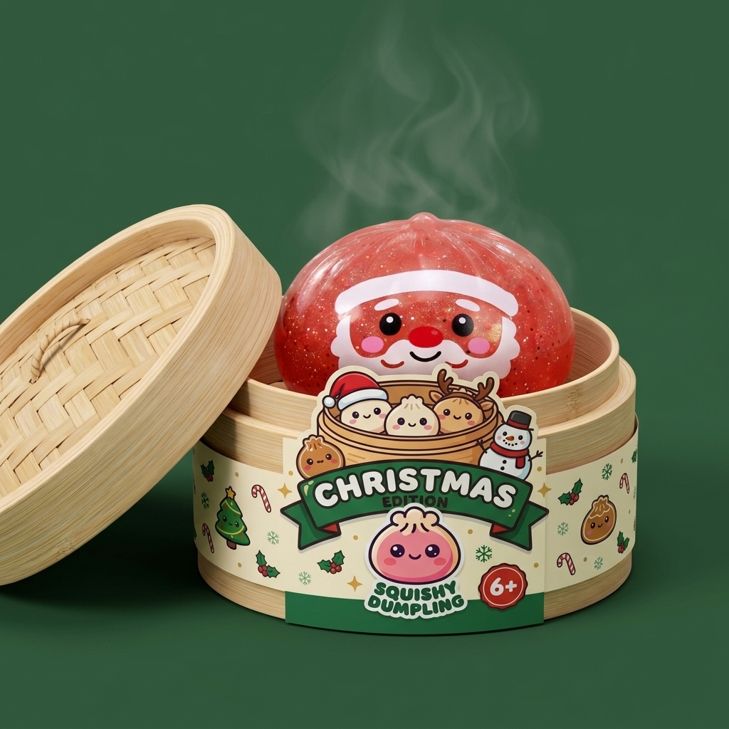 Christmas Candy Mystery Dumpling Squishy in its bamboo steamer box