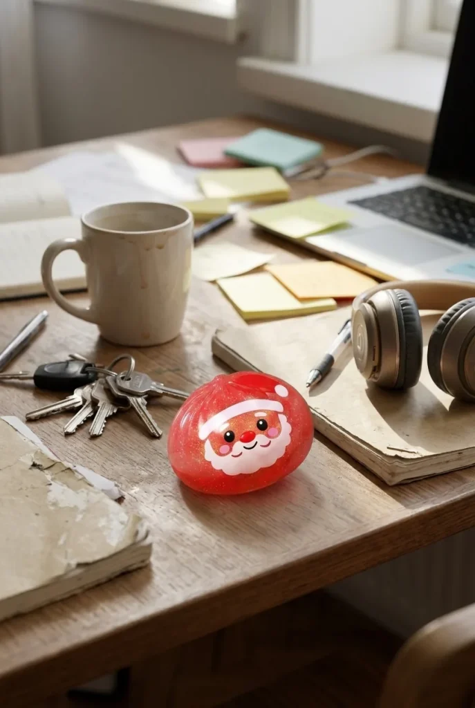 Christmas Candy Mystery Dumpling Squishy on the desk