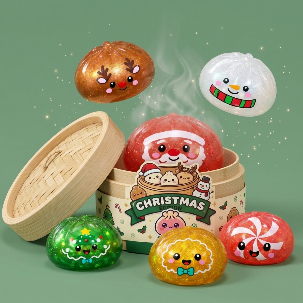 Christmas Candy Mystery Dumpling Squishy being squeezed, soft slow-rise foam