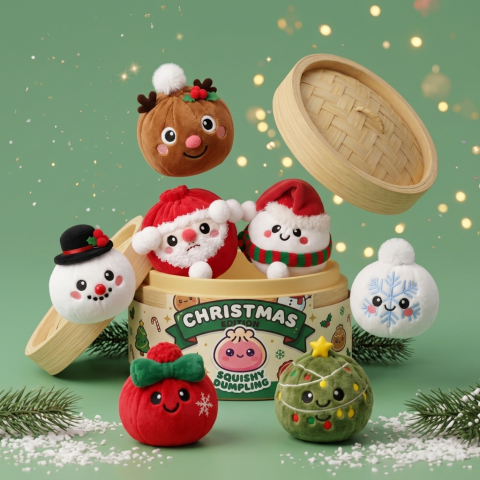 Mystery Christmas Dumpling Squishy being squeezed, soft slow-rise foam
