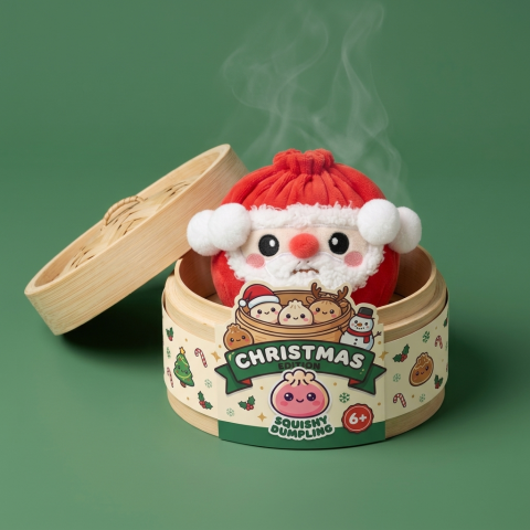 Mystery Christmas Dumpling Squishy in its bamboo steamer box