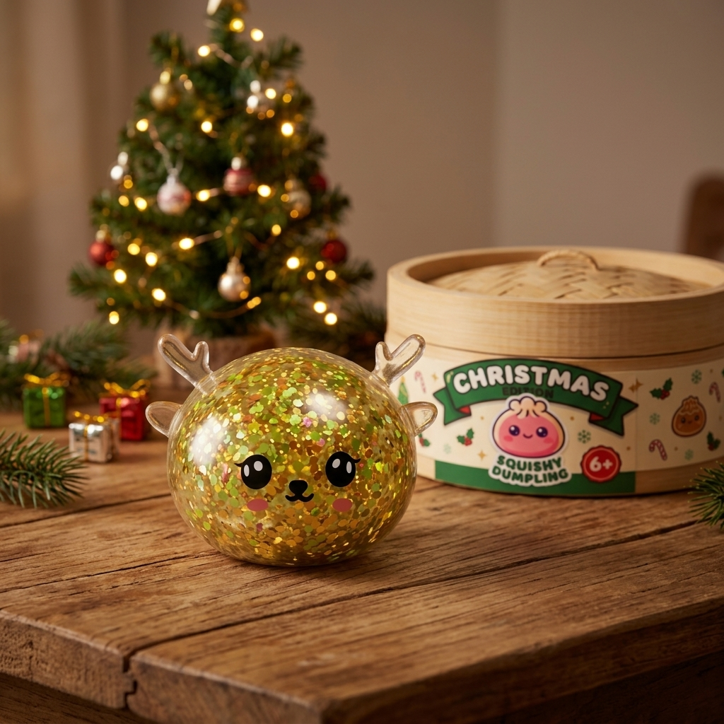 Glitter Mystery Reindeer Dumpling Squishy in its kawaii setting