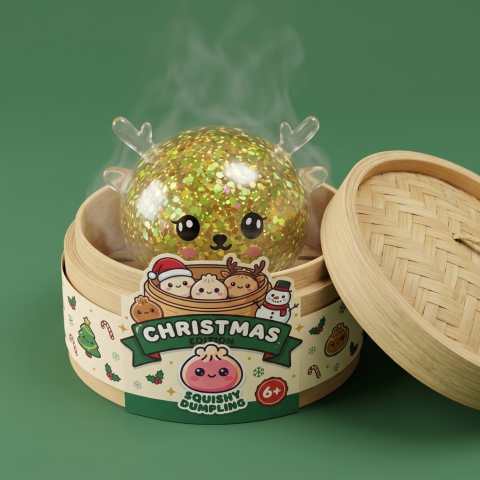 Glitter Mystery Reindeer Dumpling Squishy in its bamboo steamer box