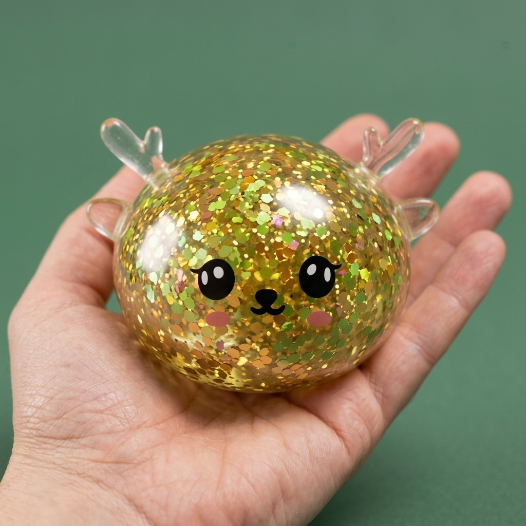 Glitter Mystery Reindeer Dumpling Squishy held in hand, actual size