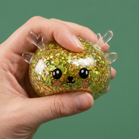 Glitter Mystery Reindeer Dumpling Squishy being squeezed, soft slow-rise foam