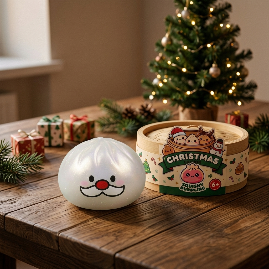 Santa Moustache Mystery Dumpling Squishy in its kawaii setting