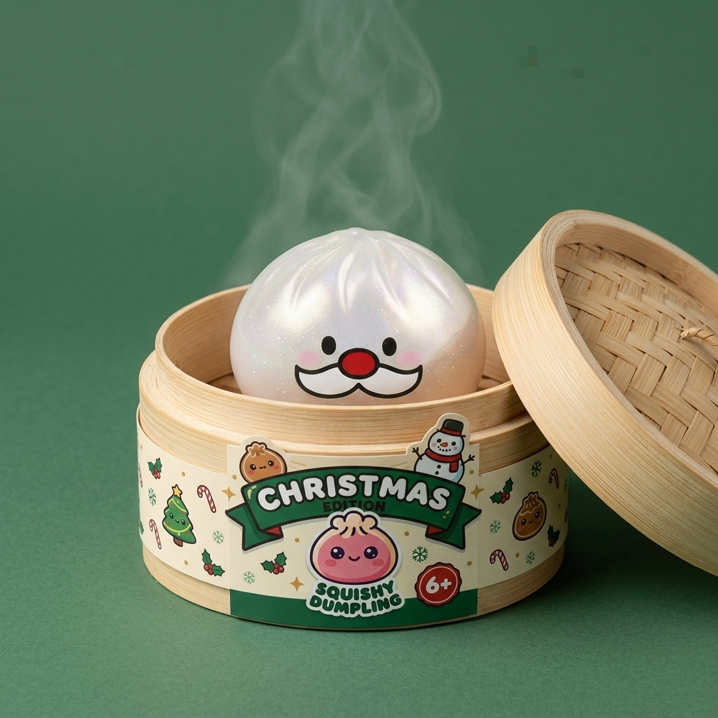 Santa Moustache Mystery Dumpling Squishy in its bamboo steamer box