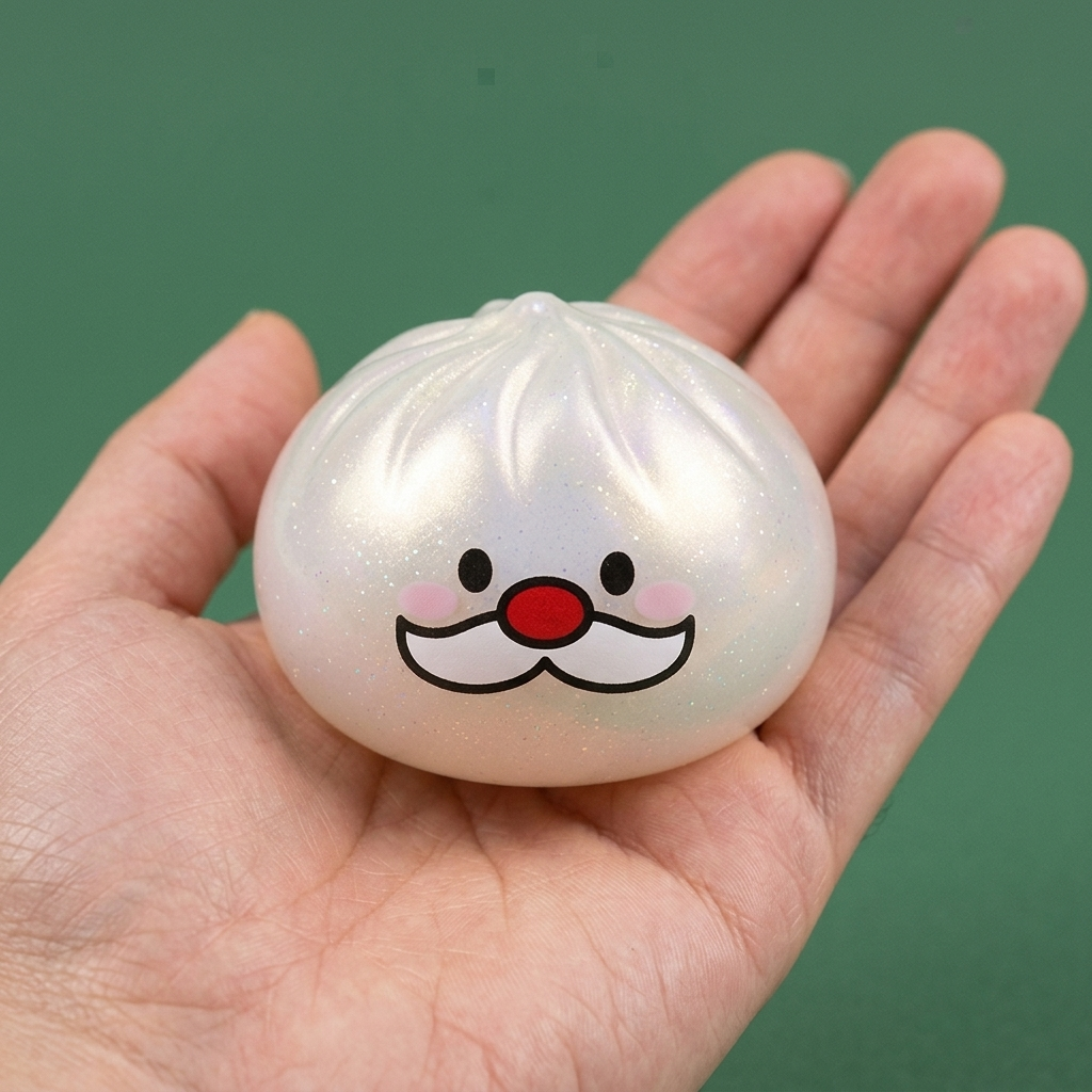 Santa Moustache Mystery Dumpling Squishy held in hand, actual size