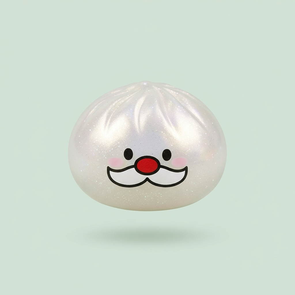 Santa Moustache Mystery Dumpling Squishy being squeezed, soft slow-rise foam