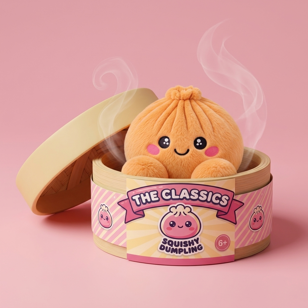 Tangerine Orange Dumpling Squishy in its bamboo steamer box