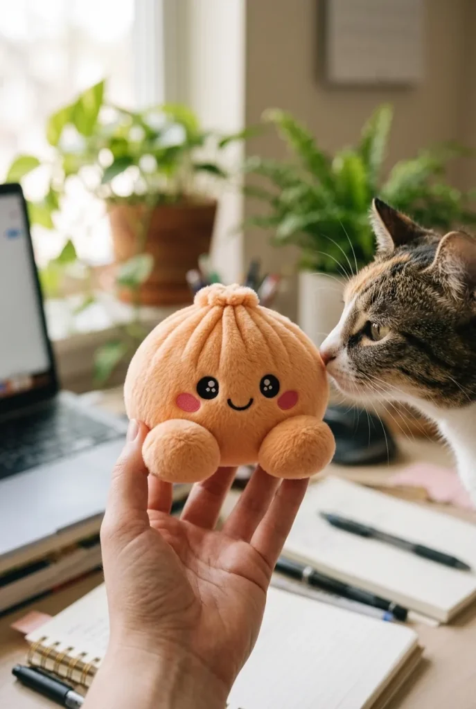 Tangerine Orange Dumpling Squishy with a plush friend