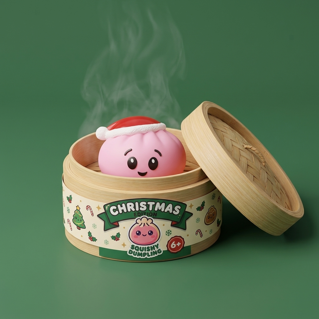Sugar Pink Christmas Hat Dumpling Squishy in its bamboo steamer box