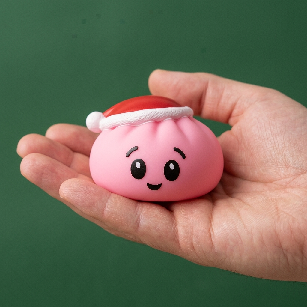Sugar Pink Christmas Hat Dumpling Squishy held in hand, actual size