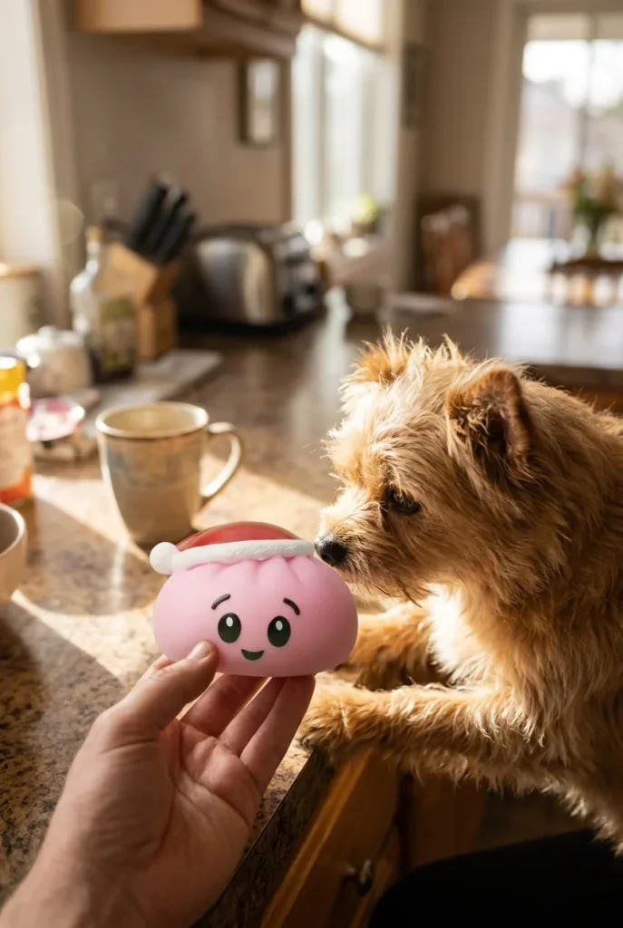 Sugar Pink Christmas Hat Dumpling Squishy with a plush friend
