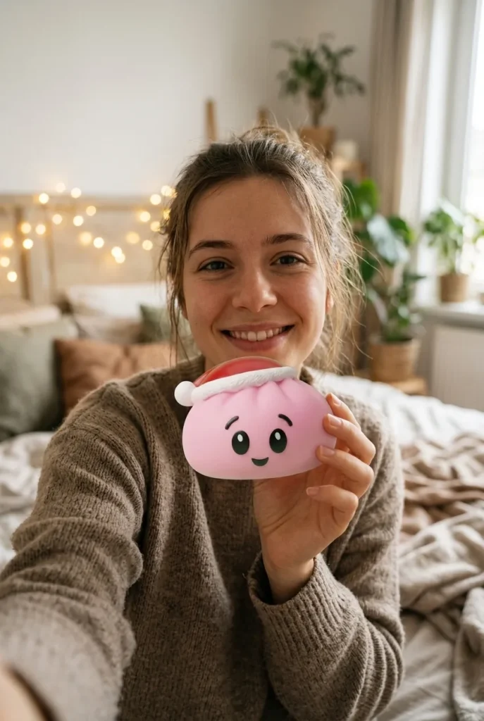 Sugar Pink Christmas Hat Dumpling Squishy in everyday life