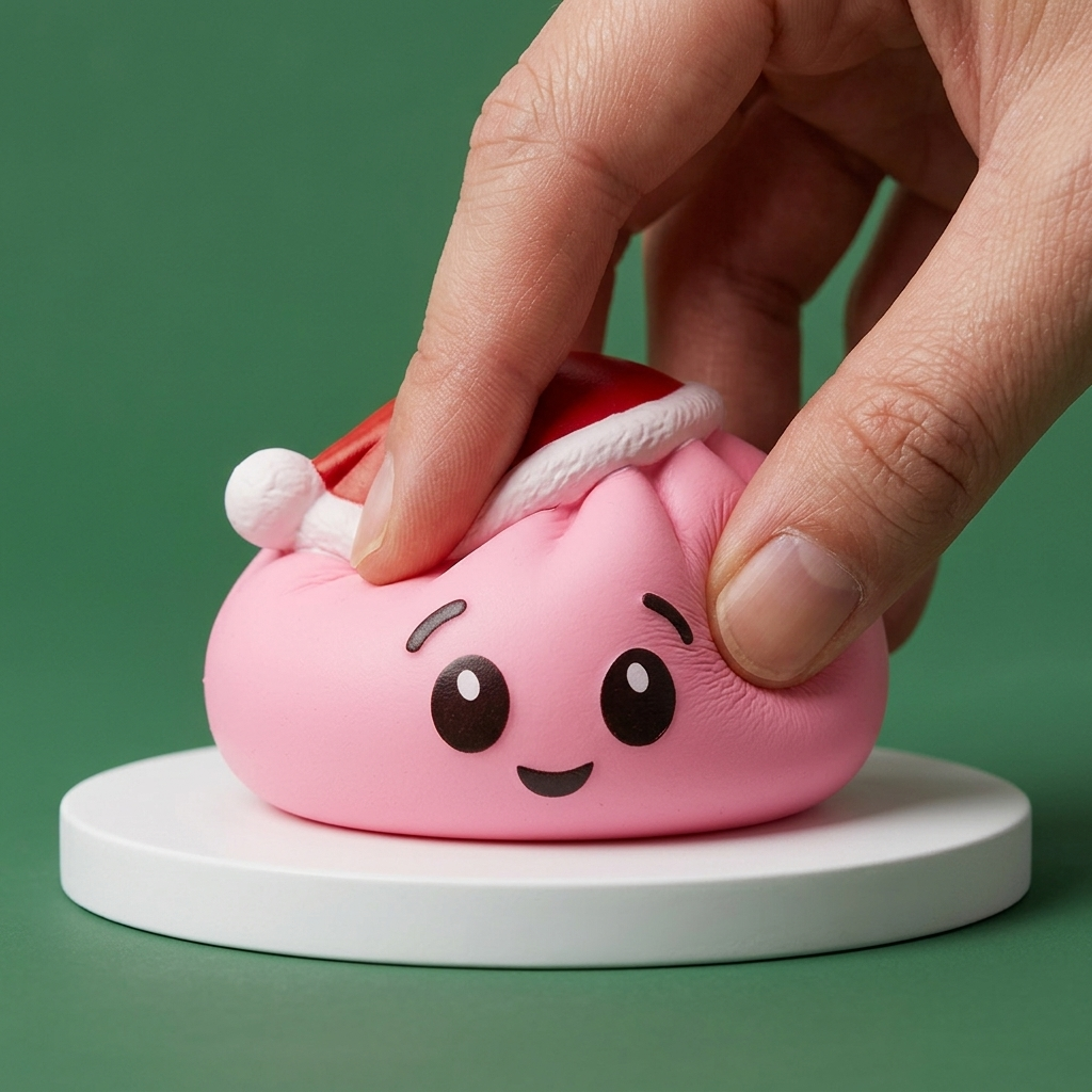 Sugar Pink Christmas Hat Dumpling Squishy being squeezed, soft slow-rise foam