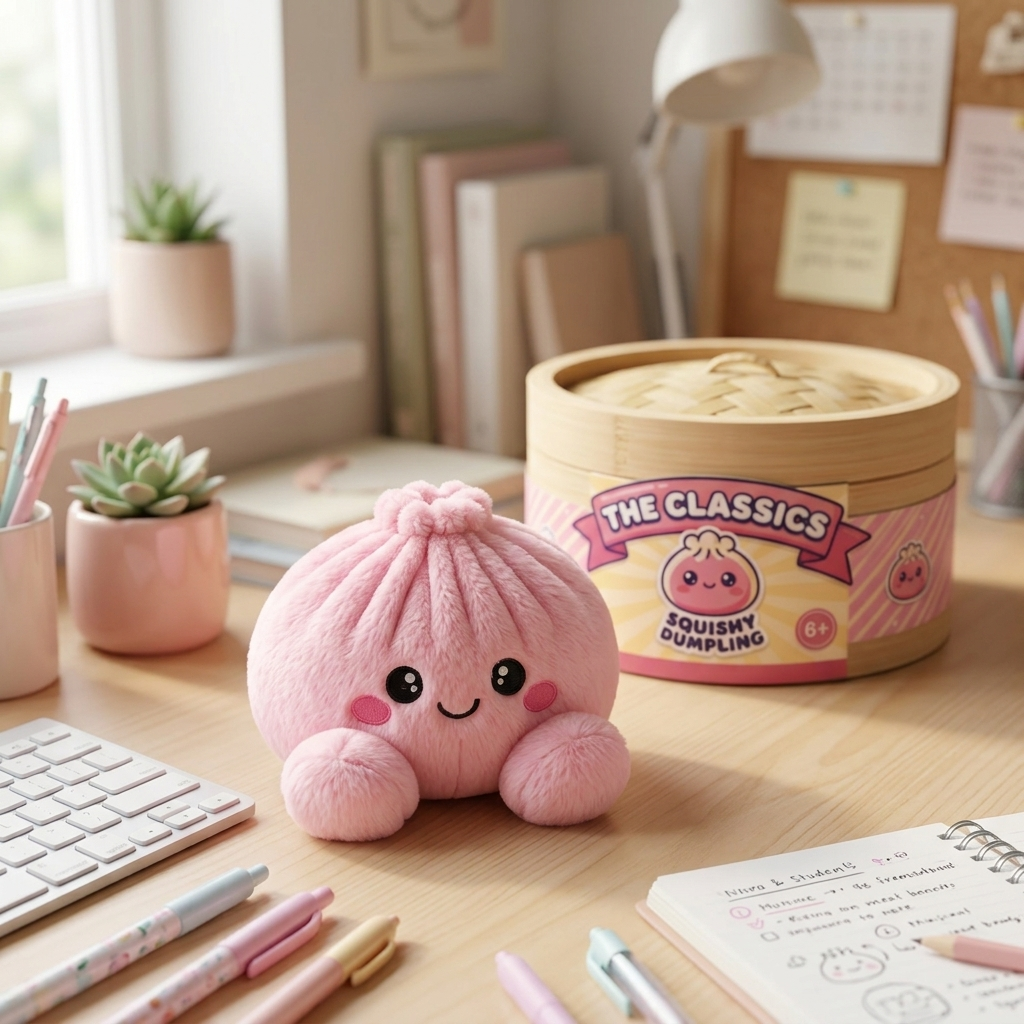 Peony Pink Dumpling Squishy Plush in its kawaii setting