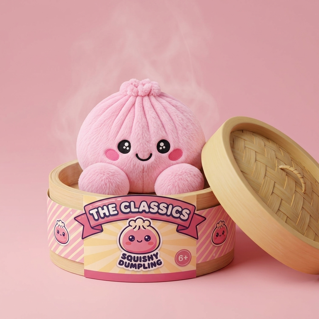 Peony Pink Dumpling Squishy Plush in its bamboo steamer box