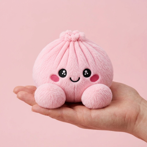 Peony Pink Dumpling Squishy Plush held in hand, actual size