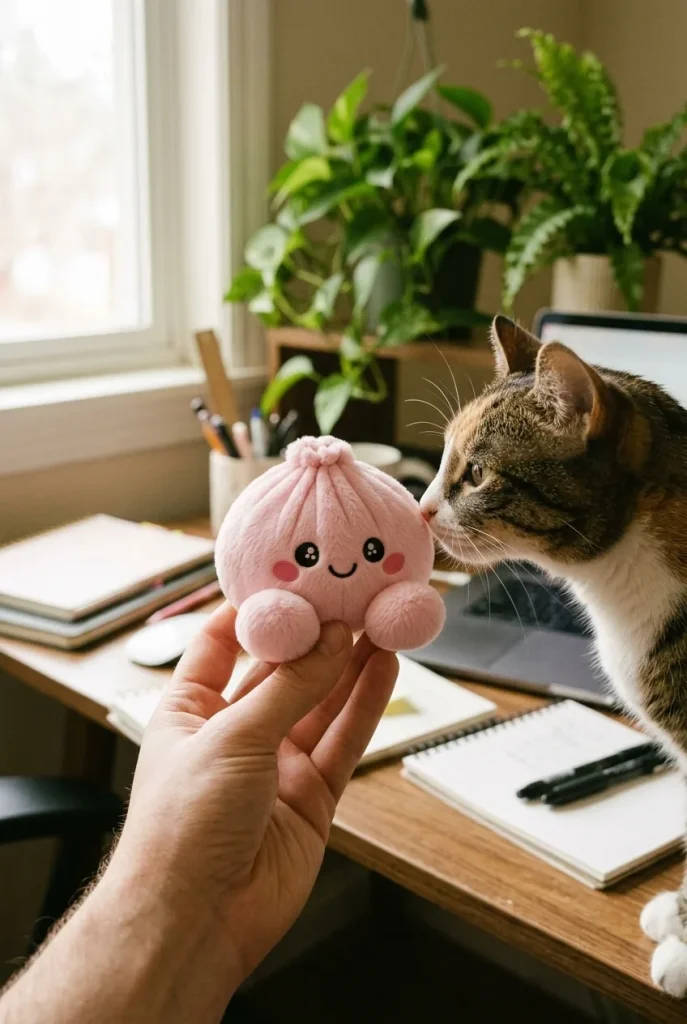 Peony Pink Dumpling Squishy Plush with a plush friend