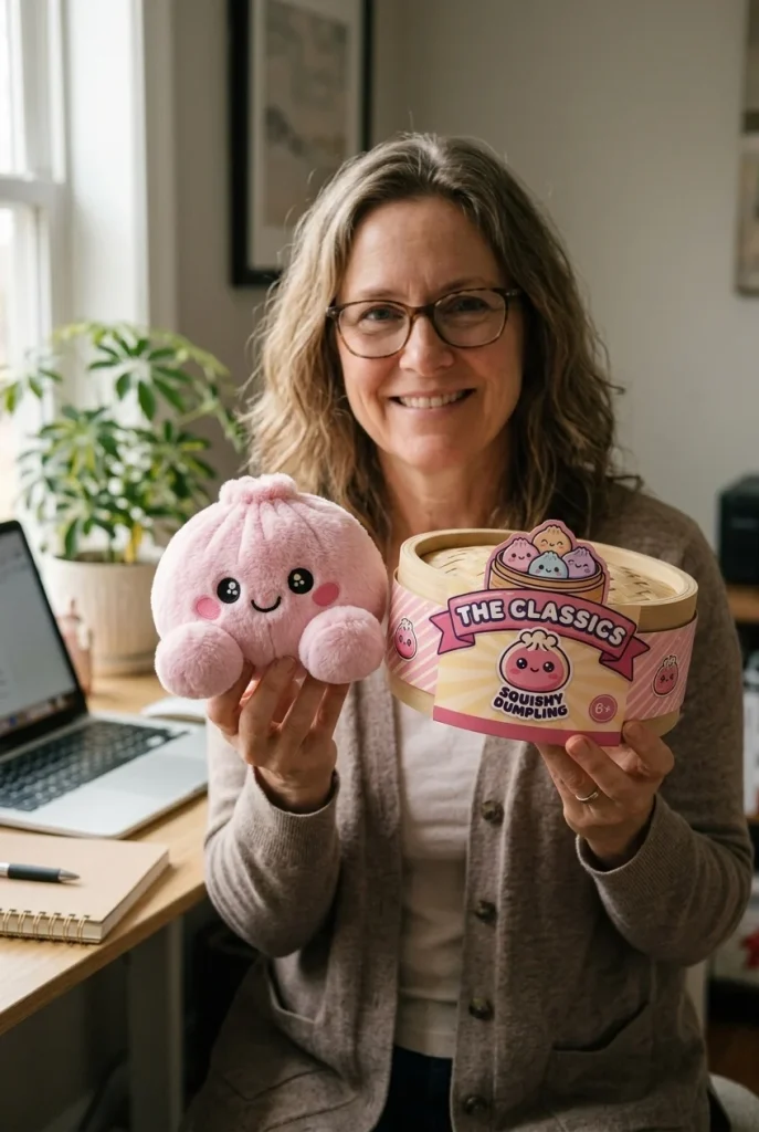 Peony Pink Dumpling Squishy Plush with its box