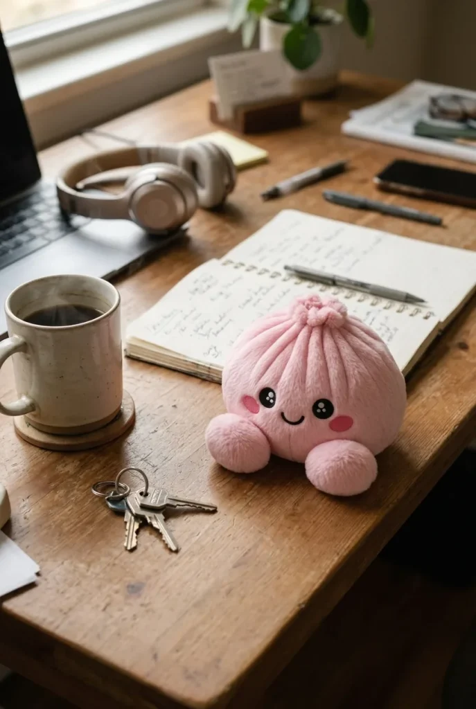 Peony Pink Dumpling Squishy Plush on the desk