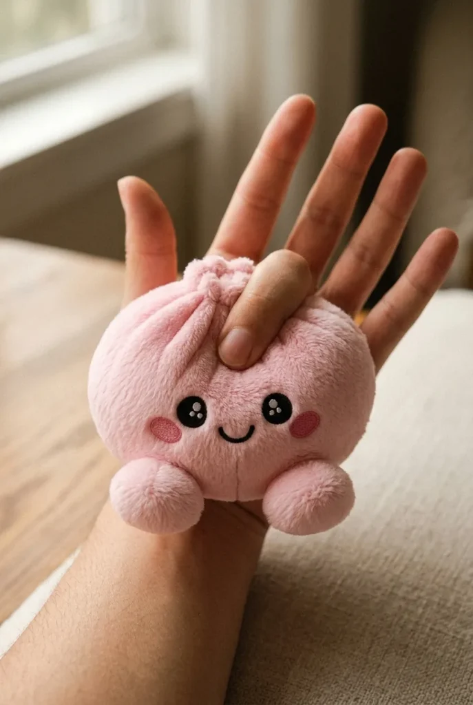 Peony Pink Dumpling Squishy Plush mid-squish