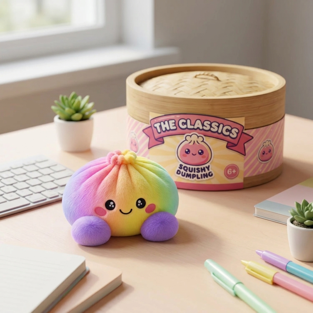 Pastel Rainbow Dumpling Squishy in its kawaii setting