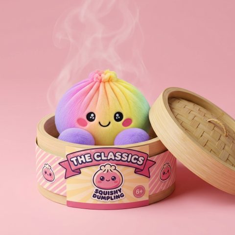 Pastel Rainbow Dumpling Squishy in its bamboo steamer box