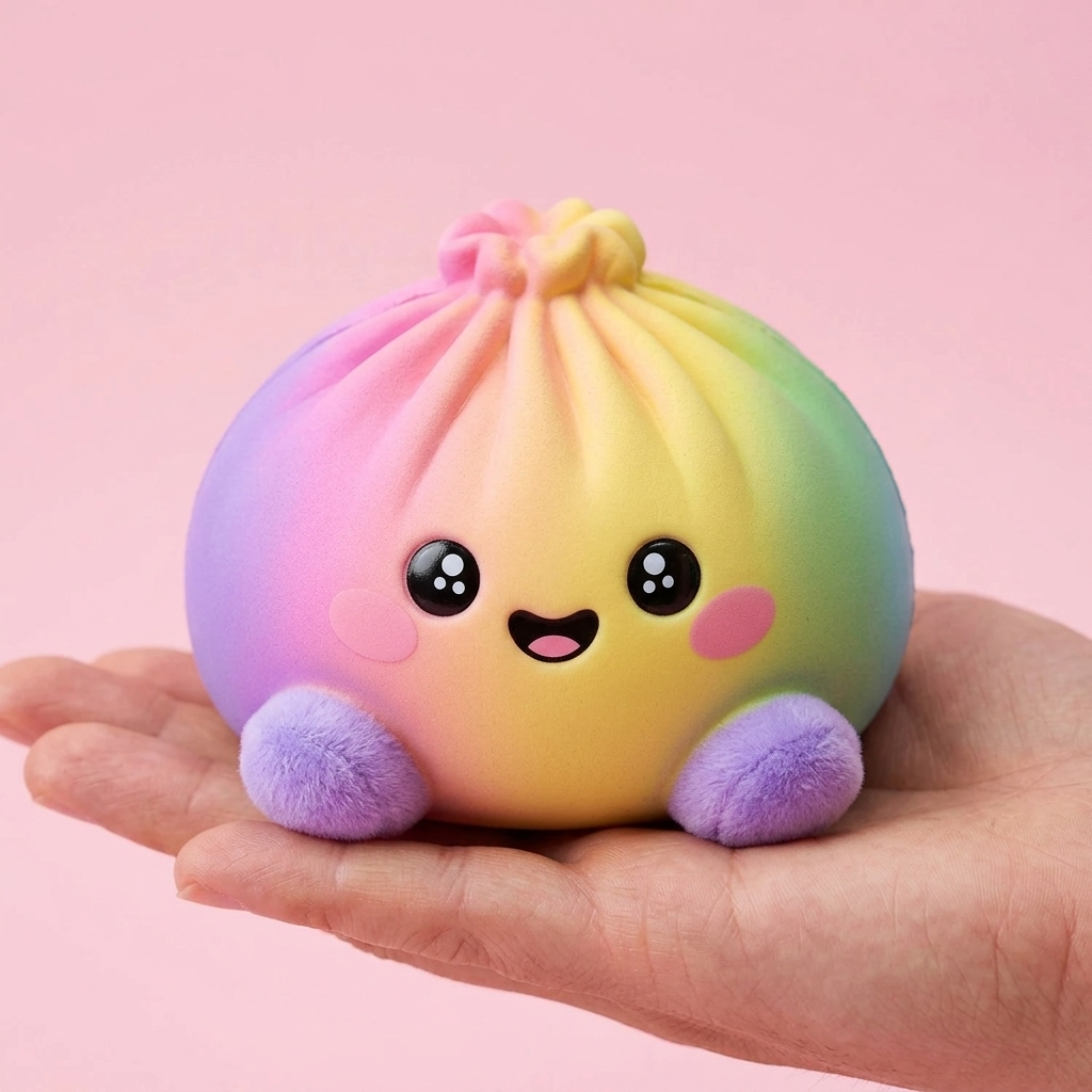 Pastel Rainbow Dumpling Squishy held in hand, actual size
