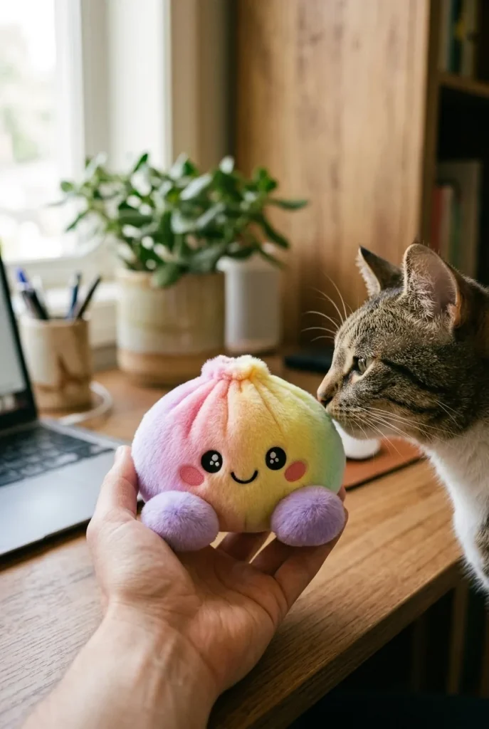 Pastel Rainbow Dumpling Squishy with a plush friend