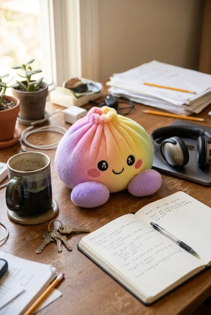 Pastel Rainbow Dumpling Squishy on the desk