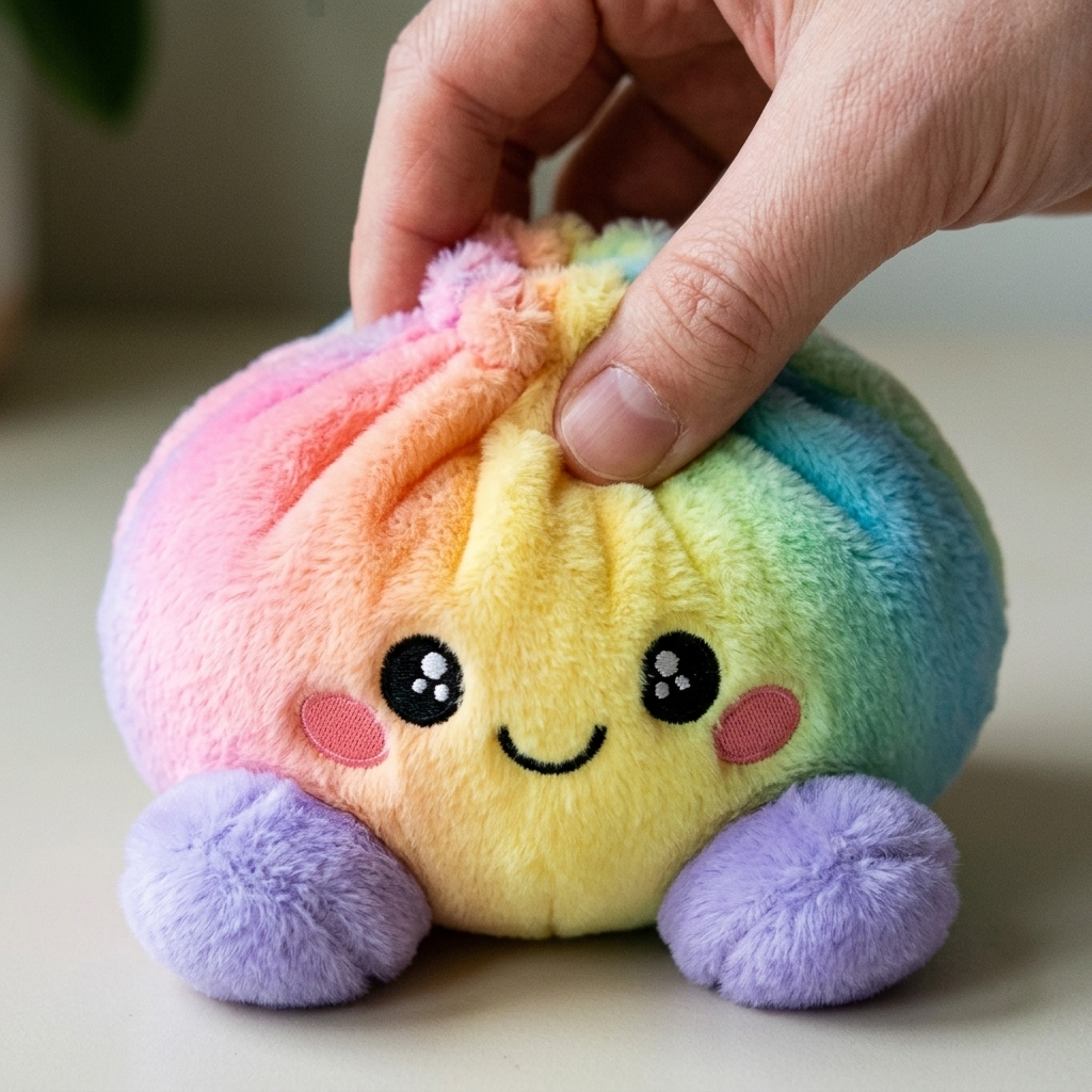 Pastel Rainbow Dumpling Squishy being squeezed, soft slow-rise foam
